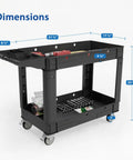 Heavy Duty Two Shelf Utility Cart on Wheels for Warehouse Office Restaurant and Garage, commercial grade, with dimensions displayed
