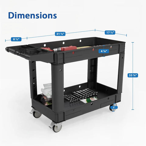 Heavy Duty Two Shelf Utility Cart on Wheels for Warehouse Office Restaurant and Garage, commercial grade, with dimensions displayed