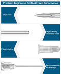 Top Shelf 100 Pack 27 Gauge 1 Inch 304 Stainless Steel Syringe Needles With Secure Caps For Lab Work Industrial Applications Built Different And Individually Wrapped, showcasing design and materials.