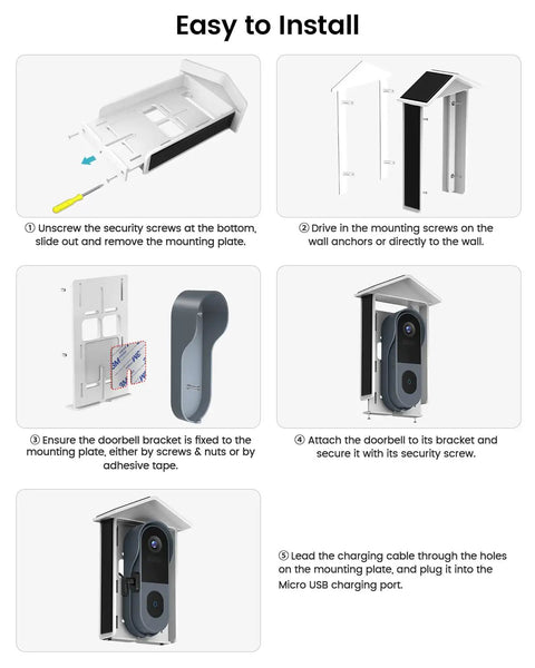 Solar Charger For Video Doorbells And Cameras Keeps Your Doorbell Charged With Solar Power Waterproof Universal Micro USB And Type C Compatibility Works With 2nd Gen Video Doorbell And All Battery Powered Cameras installation guide.