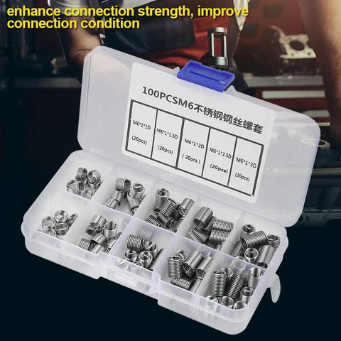 Cool M6 Threaded Insert Kit With 100pcs Stainless Steel Repair Parts For Stripped Screw Holes In Five Sizes Including Deep Threading Specs And A Tidy Divided Storage Box open storage box with M6 stainless steel threaded inserts in five sizes