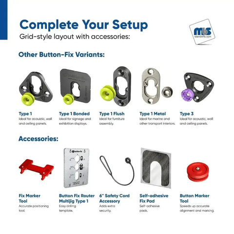 Grid layout of various button-fix variants and accessories for panel connections, including Type 1, Bonded, Flush, Metal, and Type 3.