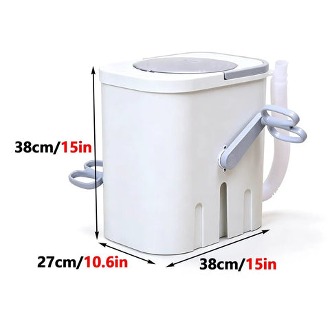 Portable Manual Crank Washing Machine Cordless Laundry Setup Eight Liter Capacity Power Free Operation For Camp Sites Dorm Rooms And Weekend Outings A Game Changer For Fresh Thread Care showing dimensions and side view.