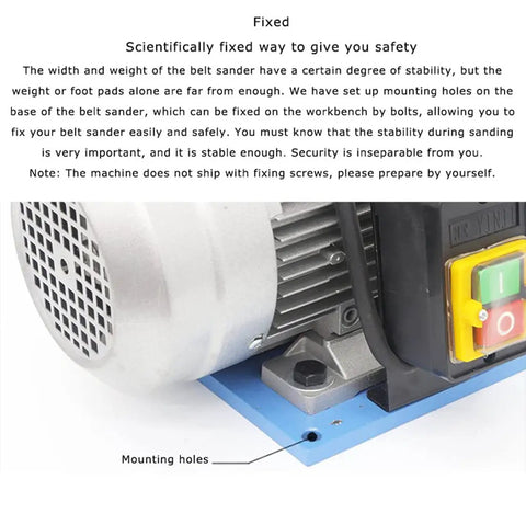 Heavy Duty Vertical Belt Sander 1500 Watt Belt Grinder And Polisher For Quick Change Sandpaper And Precision Finishing Rock Solid 220 Volt showing mounting holes for stability.