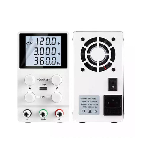USB DC Lab Power Supply 0 to 60V 0 to 10A Adjustable Bench Source With Slick LCD Display Stabilized Switching Regulator Low Ripple Short Circuit Protection High Precision Voltage And Current Compact DIY Electronics Bench Tool, front and rear view