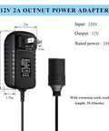 Chill Out Ac Dc Power Adapter, 12V 2A power adapter with plug and cigarette lighter socket, dimensions 2x3.1 inches.