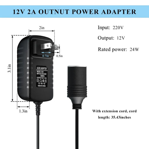 Chill Out Ac Dc Power Adapter, 12V 2A power adapter with plug and cigarette lighter socket, dimensions 2x3.1 inches.