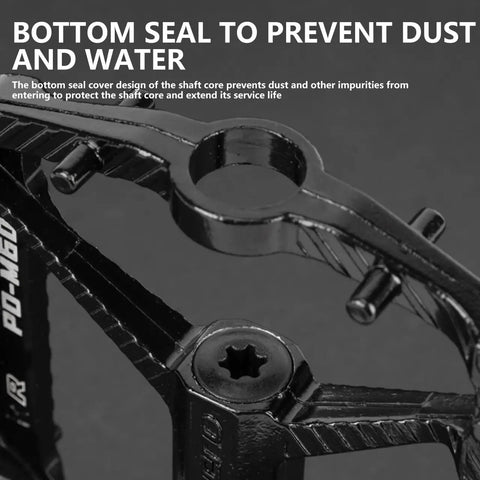 Nine Sixteenth Inch MTB Bike Pedals With Sealed Bearings, Aluminum Alloy Flat Pedals, showing bottom seal design for dust prevention.