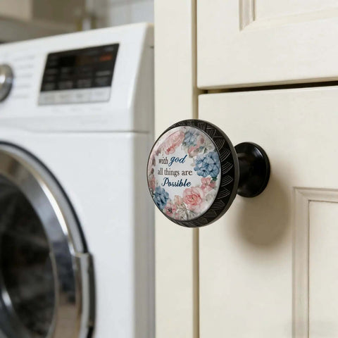 Four Pack Round Acrylic Cabinet Knobs With God All Things Are Possible Sign Inspirational Drawer Pulls For Kitchen Cabinets Dresser Cupboard And Doors Faith Based Home Decor Handles installed on a cream-colored cabinet.