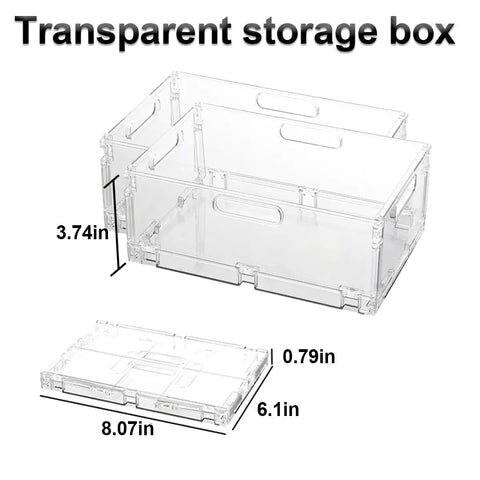 Foldable Plastic Storage Baskets With Handles 2 Pack Grab-And-Go Stackable Collapsible Crates, clear PET plastic, folded and assembled