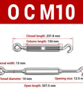 3 Pack M10 Hook And Eye Turnbuckles Made From Top Shelf 304 Stainless Steel Cable Tensioner dimensions shown in graphic.