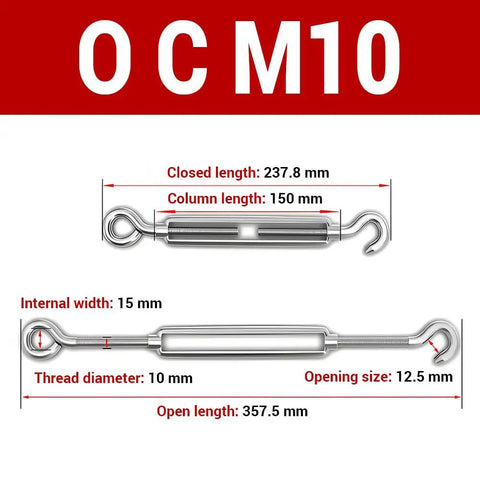 3 Pack M10 Hook And Eye Turnbuckles Made From Top Shelf 304 Stainless Steel Cable Tensioner dimensions shown in graphic.