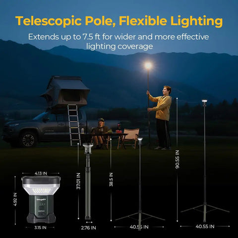 Telescoping Camping Light With 3200 Lumens LED Lantern extended 7.55 ft tall next to camping setup at night outdoors