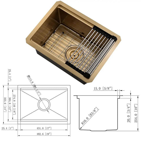 Undermount 10 Inch Bar Sink For Your Wet Bar 10x18 Inch Stainless Steel 16 Gauge Single Bowl Kitchen Sink With Dish Grid Brushed Finish X Shaped Drainage Durable T-304 Steel, top view with dimensions and dish grid