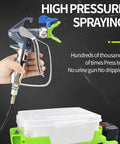 Pro Grade Backpack Airless Paint Sprayer With Cordless Spray Gun And 15Mpa High Pressure, 1.7L Tank With Six Speed Controls, handheld spray gun demonstrating high pressure spraying.