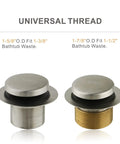 Tub Drain Conversion Kit With Two Hole Overflow Faceplate In Brushed Nickel showing two universal thread options for 1-3/8" or 1-1/2" tub drains.