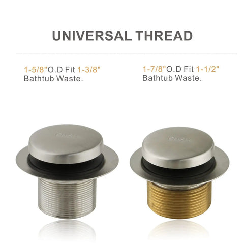 Tub Drain Conversion Kit With Two Hole Overflow Faceplate In Brushed Nickel showing two universal thread options for 1-3/8" or 1-1/2" tub drains.