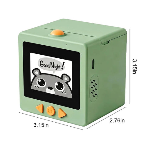 Portable AI Voice Sticker Printer With Bright HD Display, compact thermal gadget with cartoon display for kids.