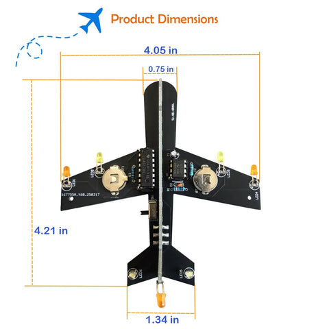 Top view of Dope Soldering Practice Kit For Beginners showing black mini aircraft model with dimensions and LED placements