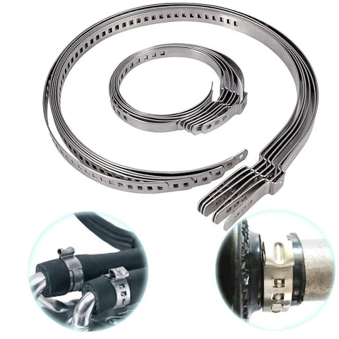 CV Joint Boot Clamp Kit 10 Pcs Stainless Steel Adjustable Drive Shaft Axle Clamps with small and large sizes, shown uninstalled and on drive shafts.