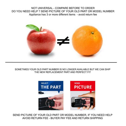 Comparison of apple and orange with text highlighting non-universal parts for Water Valve Inlet WL WPW10159839 Replacement Part For Whirlpool