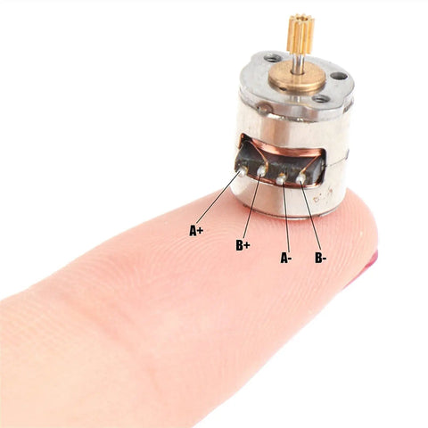 Miniature DC Stepper Motor With Gear for DIY Toys And Tiny Projects shown on a fingertip, highlighting its compact size, 4-wire connection labeled A+, A-, B+, B-.