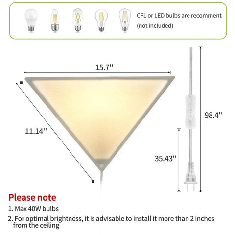 Two Pack Red Triangle Corner Light With Switch For Living Room Ceiling Plug In Lighting For Dark Corners Bedroom Kids Room Space Saving Modern Design Options lamp dimensions 15.7 inches wide, max 40W bulb.