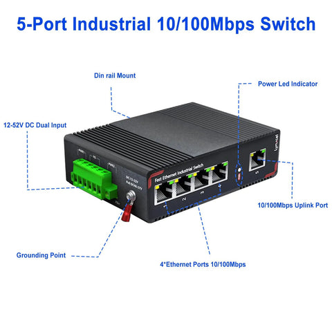 5 Port Industrial Ethernet Switch for DIN Rail Unmanaged IP40 Network Switch With 4 10 100 Mbps Ethernet Ports and 1 Uplink