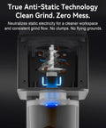Precision Conical Burr Coffee Grinder With Smart Bluetooth Scale And 31 Adjustable Grind Settings For Home Brewers showing anti-static technology.