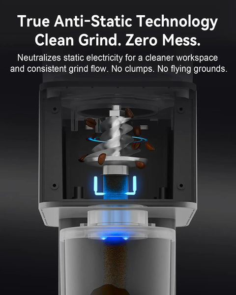 Precision Conical Burr Coffee Grinder With Smart Bluetooth Scale And 31 Adjustable Grind Settings For Home Brewers showing anti-static technology.