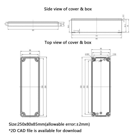 Outdoor IP67 Junction Box With Mounting Plate 9.8 By 3.3 By 3.1 Inches ABS Plastic Project Box DIY Electrical Enclosure Gray Built Tough Weatherproof Dustproof For Outdoor Use And Safe Electrical Projects side and top dimension drawing