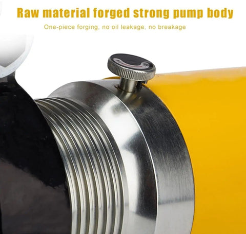 Close-up of the pump body showing forged metal material on Heavy Duty Hydraulic Bearing Puller Set With Dual And Triple Jaws Kicking Loose Stubborn Wheel Bearings Up To Twenty Ton Capacity Smooth Rotary Pump Action Garage Workhorse Tool.