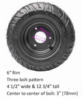 Close-up of a wheel with 3 stud pattern and 6 inch rim for 32 Inch Go Kart Rear Live Axle Kit With 420 Sprocket Chain 24T 28T Splines.