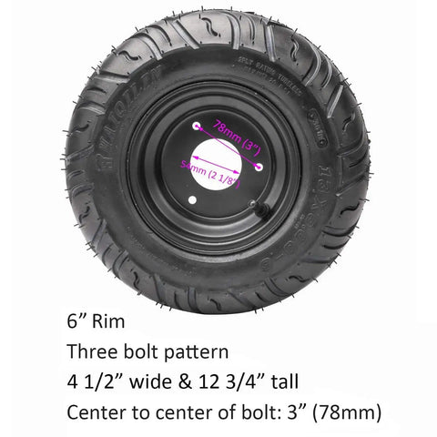 Close-up of a wheel with 3 stud pattern and 6 inch rim for 32 Inch Go Kart Rear Live Axle Kit With 420 Sprocket Chain 24T 28T Splines.