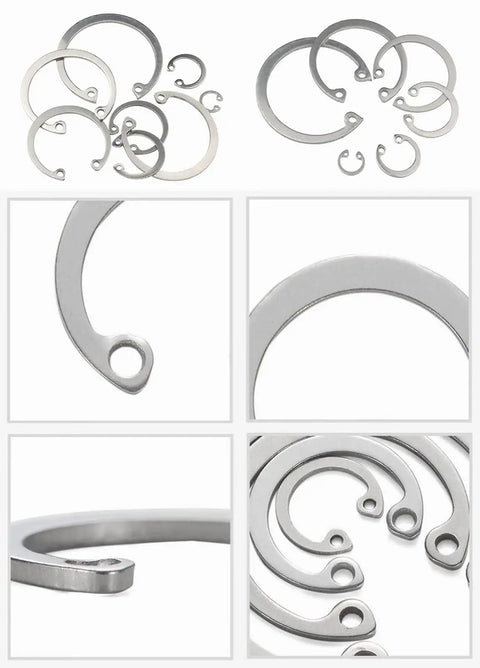 Internal Snap Ring Assortment Kit, 200Pcs 304 Stainless Steel Circlip Retaining Rings, 8mm to 26mm Sizes, front and close-up views