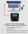 Portable Counterfeit Money Detector With Auto Feed And 4 Way Direction Cash Counting next to laptop and USB.