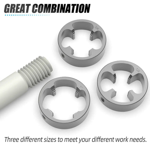 Meanlin 2Pcs Pipe Threader Kit With Npt Die Set For Plumbing Work showing three sizes of alloy dies for threading.
