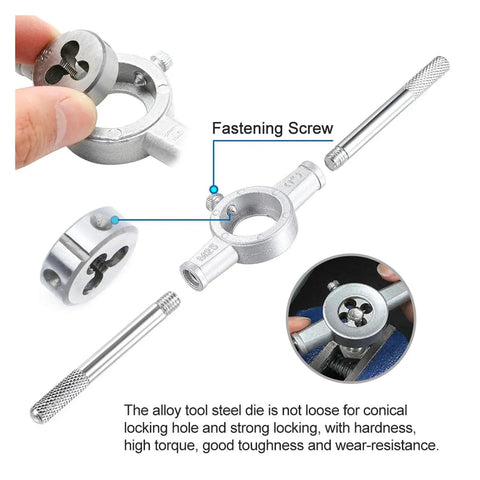 Heavy Duty Metric Hand Tap And Die Set With M3 To M12 Screw Thread Taps Plus Adjustable Wrench For Precision Metalworking And DIY Repairs Today. Alloy die with adjustable wrench and tap inserted for thread cutting