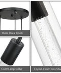 Three Light Kitchen Island Pendant In Matte Black Finish With Clear Glass Cylinder Shades And Bubble Crystal Orbs close-up details