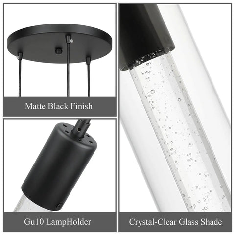 Three Light Kitchen Island Pendant In Matte Black Finish With Clear Glass Cylinder Shades And Bubble Crystal Orbs close-up details