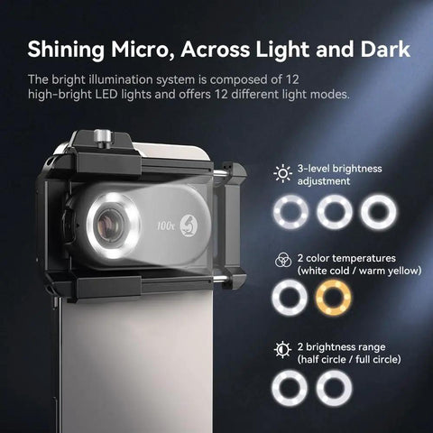 200X Phone Microscope Lens With CPL Filter And LED Light showing LED adjustment options