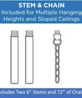 Diagram of two 6" stems and 72" chain for Joy Collection Three Light Antique Bronze Pendant Light With Etched White Glass.