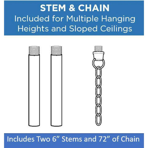 Diagram of two 6" stems and 72" chain for Joy Collection Three Light Antique Bronze Pendant Light With Etched White Glass.