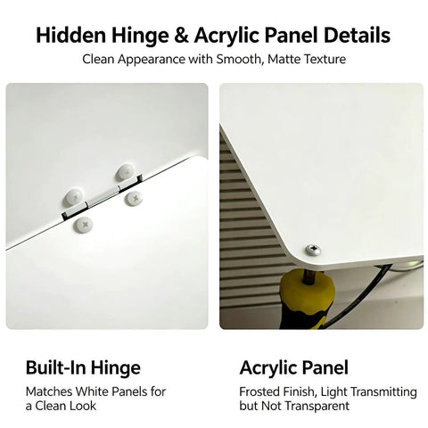 Details of Slick Drywall Access Panel With a Quick Grab Ring Pull Handle showing hidden hinge and acrylic panel for clean finish.