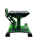 Front view of Green Dirt Bike Lift Stand for Off Road Rides, lightweight carbon steel, center post, adjustable height, 8x11 platform.