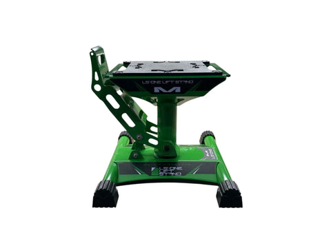 Front view of Green Dirt Bike Lift Stand for Off Road Rides, lightweight carbon steel, center post, adjustable height, 8x11 platform.