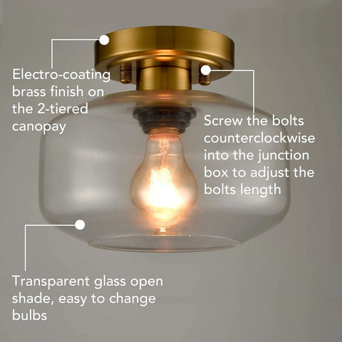 Modern Small Semi Flush Mount Ceiling Light With Glass Drum Shade Brass Gold Finish 1 Light Hallway Fixture ETL Listed