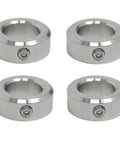 Built Like A Tank 5/8 Bore Stainless Steel Set Screw Shaft Collar With Locked Down Grip Design Featuring 1 1/8 OD And Half Inch Width For Heavy Machinery Setup In A Tough 4 Pack Bundle, four collars showing round design and set screws.