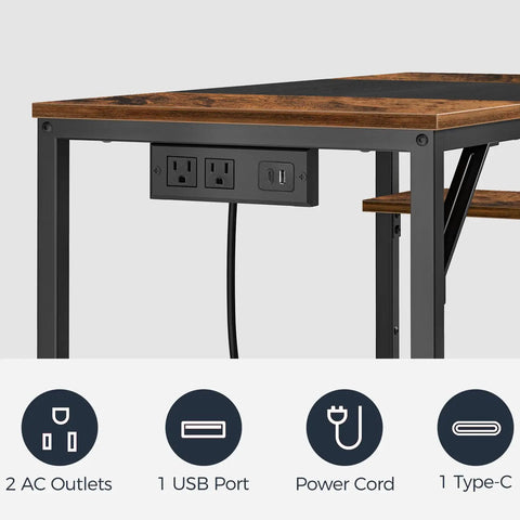 Compact Computer Desk With Built In Charging Station And USB Ports Modern Home Office Writing Desk With Two Shelves Easy Assembly Rustic Brown And Black Finish Great For Small Spaces, showing a close-up of the built-in charging hub with outlets and USB ports.