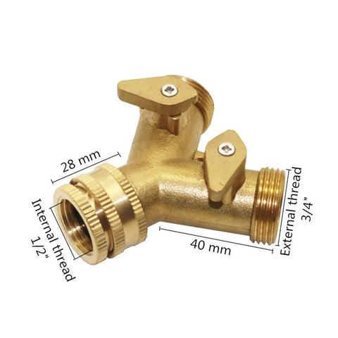 Heavy Duty Solid Brass Y Shaped Valve Two Way Water Splitter Faucet Adapter With Ball Control, showing internal and external threads.